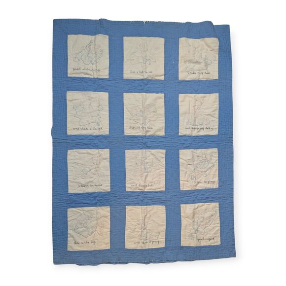 Vintage Embroidered Baby Blue & White Crib Blanket 